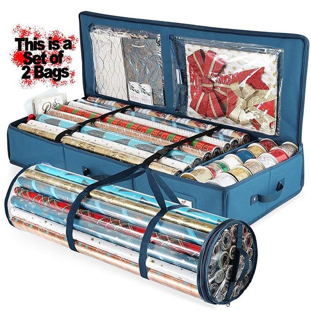 Set of 2pcs Gift Wrapping Paper Storage Box 40" Inches Long & Holiday Accessories Storeage & Waterproof Wraping Storage Bag - Slim Underbed Wrapping Paper Storage Container