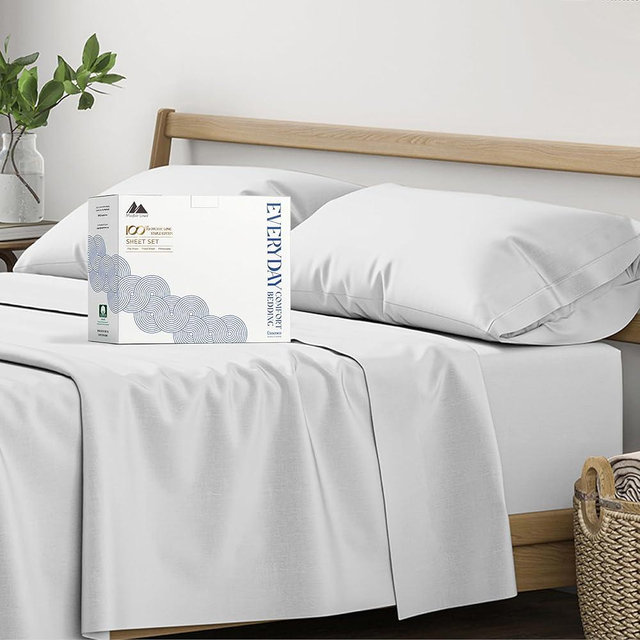 Mayfair Linen 100% Organic Cotton Sheets Queen Size - 4 PC Organic Cotton Queen Size Percale Weave Sheet Set, Soft, Cooling, Crisp & Breathable, 16" Deep Pocket Hotel Quality Bedding Set - Light Grey