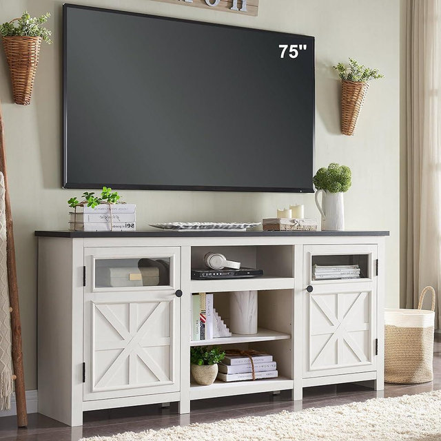 JXQTLINGMU TV Stand for 75 inch TV, Farmhouse TV Stand with Storage for Living Room, Entertainment Center, TV Console, Rustic (White)