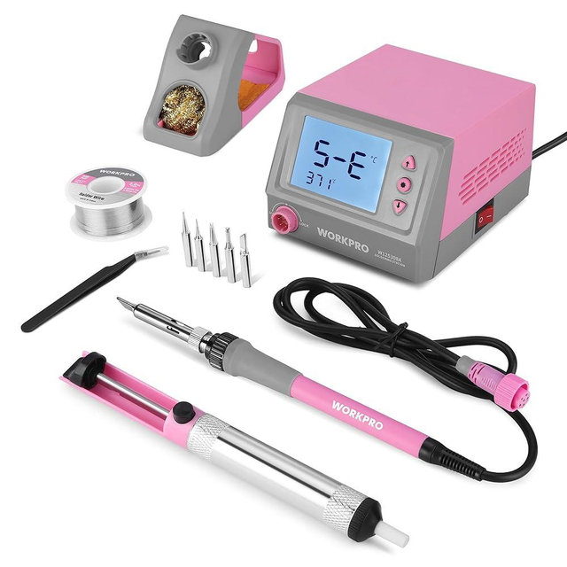 WORKPRO Soldering Station, 60W Soldering Iron Kit Digital Display, 5 Extra Iron Tips, Precision Temperature Control Solder Station for Electronic Repair, DIY Enthusiasts - Pink Ribbon