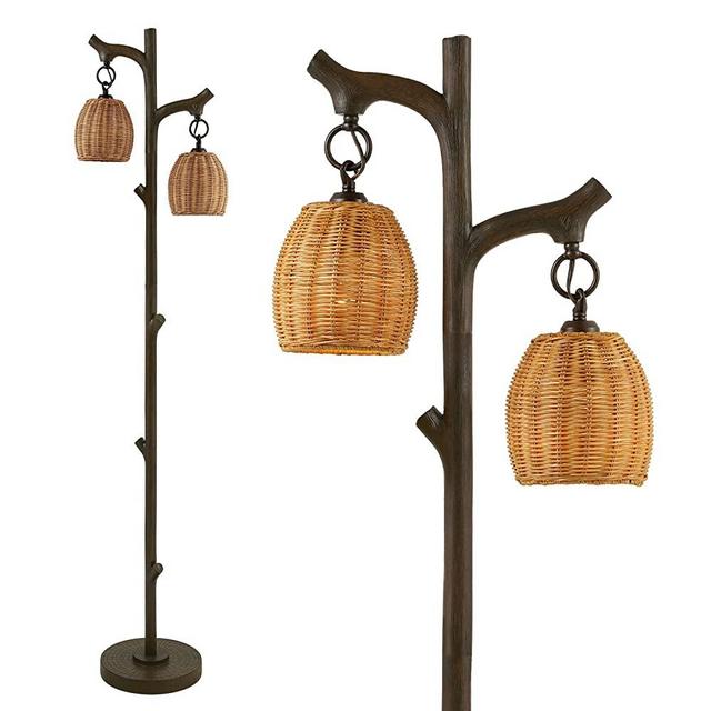 65" High Farmhouse Rustic Country Cottage Floor Lamp Tree Trunk Faux Wood Column Dark Bronze Wicker Drum Shade Decor for Living Room Bedroom Reading Room