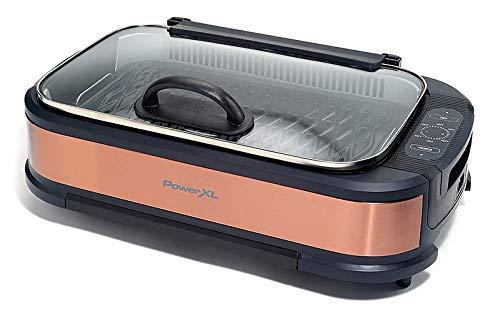 PowerXL Smokeless Grill with Tempered Glass Lid with Interchangable Griddle Plate and Turbo Speed Smoke Extractor Technology. Make Tender Char-grilled Meals Inside With Virtually No Smoke (Copper)