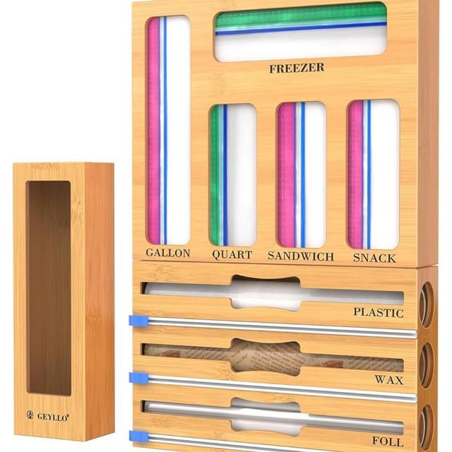 9 In 1 Bamboo Foil & Plastic Wrap Organizer for Kitchen Drawer, Plastic Bag Organizer Organization and Storage, Food Storage Bag Organizer with Labels for Quart Gallon Snack Sandwich Bag