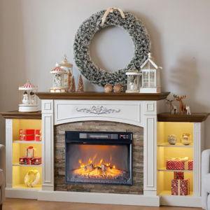 VINGLI 70-in Electric Fireplace TV Stand with Mantel LED Light Adjustable Shelves and Remote Control Included Distressed White and Barnwood (Split into 2 Shipments)