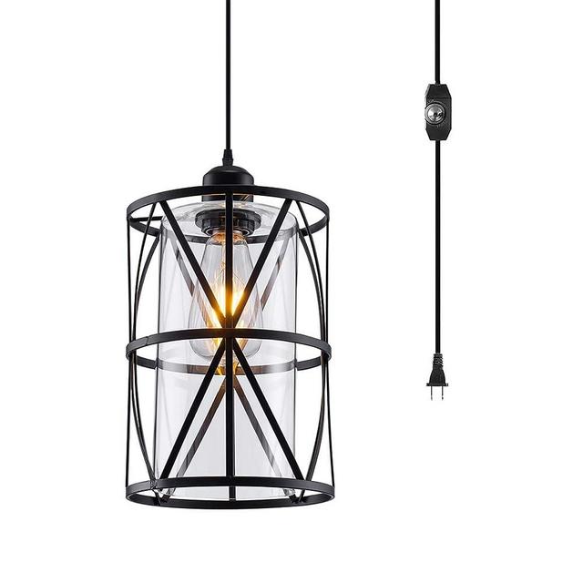 SHENGQINGTOP Black Industrial Metal Swag Light, Transitional Plug in Pendant Light with 16.4ft Cord and On/Off Dimmer Switch, Clear Glass Hanging Lighting Fixture for Kitchen Island Sink Bedside Nook