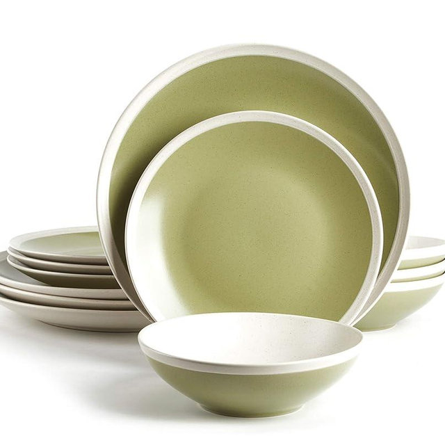 HomeVss, Rock Ridge Speckled Stoneware Dinnerware Set, 12 Piece, Beryl and Ivory