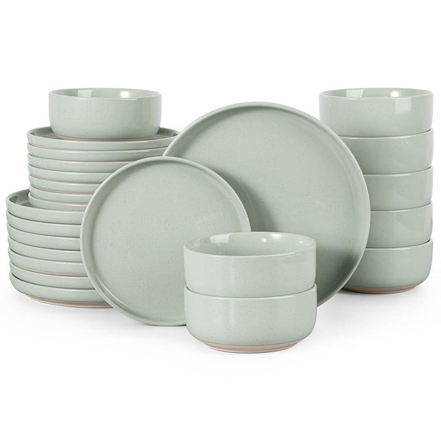 HaWare Stoneware Dinnerware Sets, 24-Piece Plates and Bowls Set for 8, Dishes Set for Home Restaurant,Speckled Asparagus Green