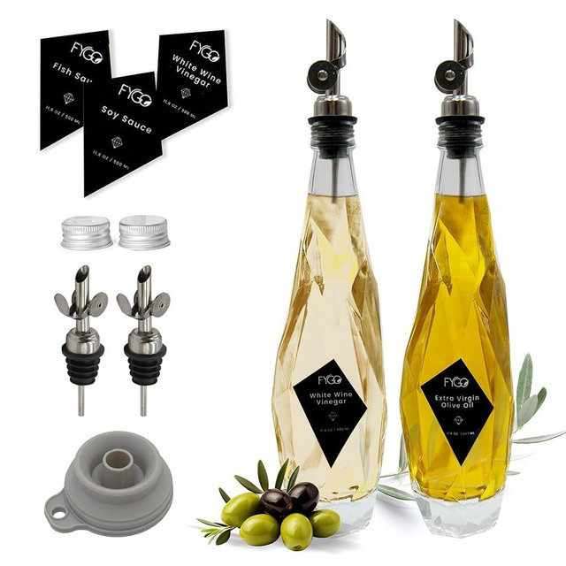 FYGO Diamond Lux Olive Oil Bottle Dispenser - Olive Oil Container- Oil and Vinegar Dispenser Set with Pourer and Funnel - Glass Olive Oil Dispenser Bottle for Kitchen - 500ml - Set of 2