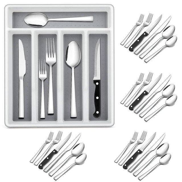 24-Piece Silverware Set with Steak Knives and Organizer, E-far Square Stainless Steel Cutlery Flatware Set for 4, Basic Tableware Eating Utensil for Kitchen, Mirror Polished & Dishwasher Safe