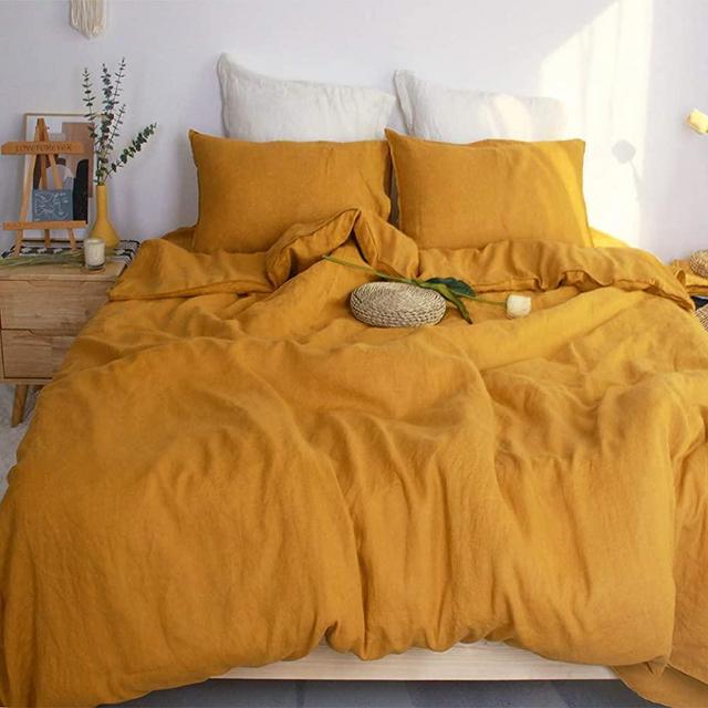 S Victory SYMBOL100% Linen Duvet Cover Sets California King Size Stone Washed French Flax Bedding Set Comforter Cover with Button Closure and 2 Pillowcases(Yellow,Cal King) Breathable