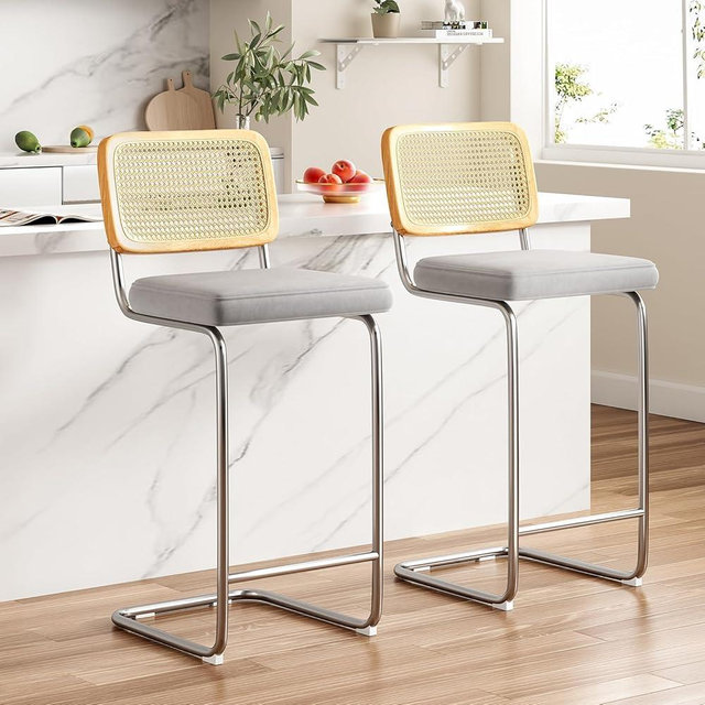 Farini Counter Height Bar Stools Set of 2, Upholstered Velvet Barstools with Rattan Back, 30 inch Height Stools Armless Bar Chairs for Kitchen Island(Light Grey)