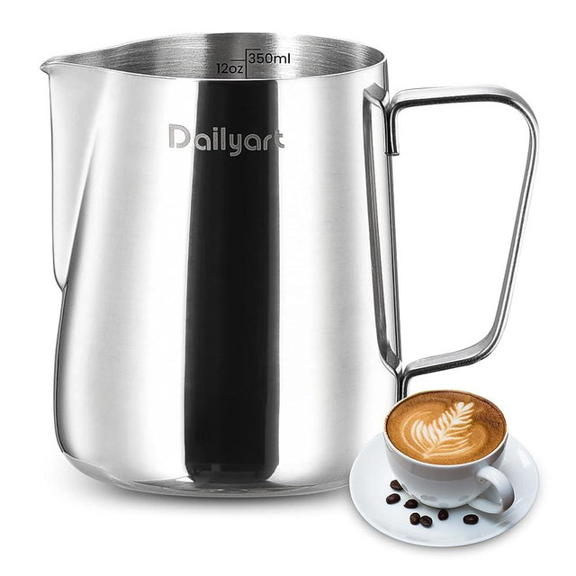 Milk Frothing Pitcher, Dailyart 12oz/350ML Milk Frother Cup 304 Stainless Steel Espresso Milk Steaming Pitcher, Espresso Machine Accessories, Barista Tool, Milk Pitcher for Cappuccino, Latte Art
