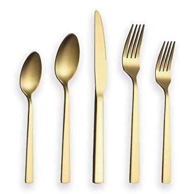 Berglander Matte Golden Titanium Plating Flatware Set 20 Pieces, Stainless Steel Golden Silverware Set, Service For 4 (Matte Golden)