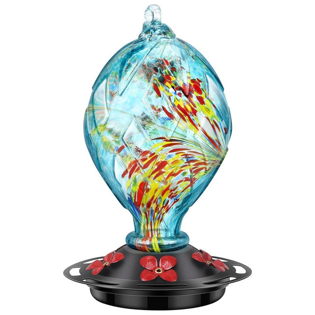 Hummingbird Feeders for Outdoors Hanging Ant and Bee Proof, Hand Blown Glass Hummingbird Feeder with 5 Perches, 30 Fuild Oz Capacity, Garden Backyard Decor, Blue