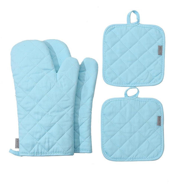 Oven Mitts and Pot Holders 4 pcs Set,High Heat Resistant 500 Degree Extra Thicken Long Kitchen Cotton Oven Glove for Cooking (12 Inch,Light Blue)
