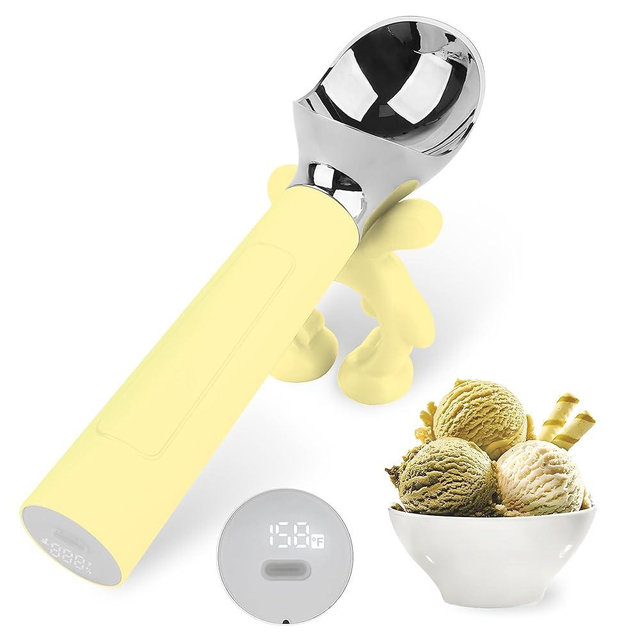 LT LAUDTEC Heated Ice Cream Scoop, Rechargeable Electric Warming Scooper, Heats to 158F for Hard Ice Cream, IP67 Waterproof, Easy for Seniors & Kids (Yellow)