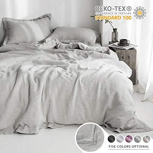 Simple&Opulence 100% Linen Pure Solid Color Embroidery Border Queen King Duvet Cover Set(Multi-Colored Options) (King, Light Grey)