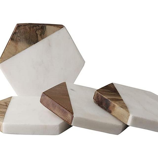 GoCraft Marble & Wood Coasters | Handcrafted Geometric White Marble Coasters with Mango Wood for your Drinks, Beverages & Wine/Bar Glasses (Set of 4)