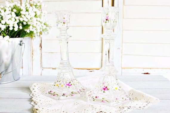 Vintage Floral Glass Candlestick Holders | Pretty Candlestick Holder, Floral Candlestick Holder, Decorative Candlestick Holders