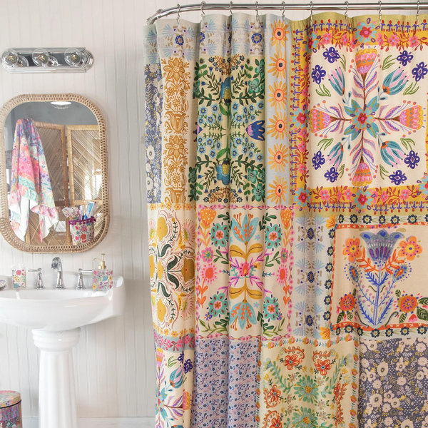 Boho Shower Curtain - Light Blue Grey Folk Flower