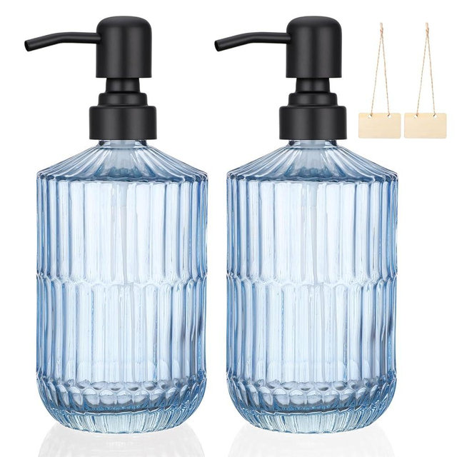 Segbeauty 15.2oz Glass Dish Soap Dispenser Pump Bottle Empty, 2pcs Blue Refillable Bathroom Shampoo and Conditioner Dispenser with Stainless Pump, 450ml Large Gel Lotion Bottle Container for Liquids