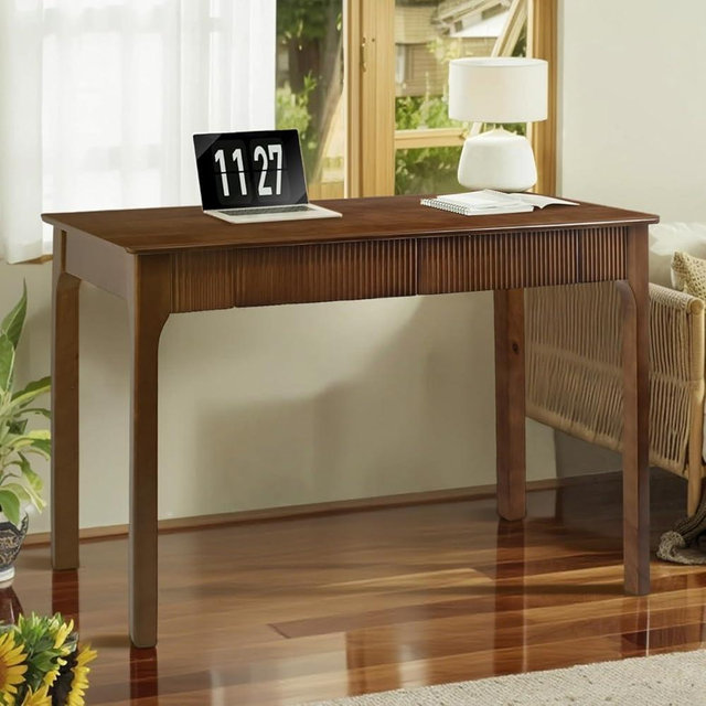 47.2'' Solid Wood Desk with 2 Drawers, Mid Century Modern Home Writing Office Wooden Desk ,Vintage Computer Table with Storage for Living Room, Bedroom, Fluted Design Brown (Walnut, 47.2 Inch)