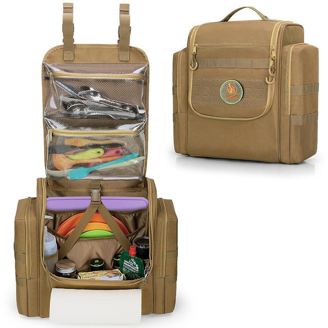 HODRANT Large Tactical Camping Kitchen Organizer, Hanging Cookware Storage Bag with Paper Towel Holder & Multi Pockets, Portable Camp Utensil Organizer for Outdoor BBQ Cooking Essentials, Khaki