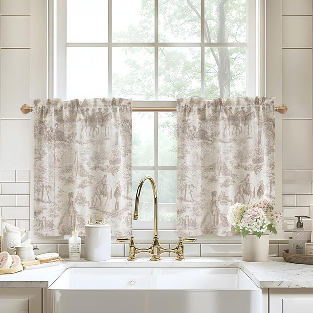 DriftAway Kitchen Curtains Toile Tier Linen Short Curtains Cafe 26 Inch Length for Living Room Bathroom Farmhouse French Country Vintage Printed Pattern Rod Pocket 2 Panels Beige