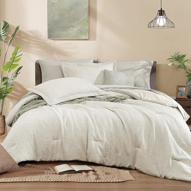 Monbix King Size Comforter Set, Pebble Marble Pattern King Bed Set Reversible, 7 Pieces, Bed in a Bag with Comforter, Sheets, Pillowcases & Shams (King,102”X90'')
