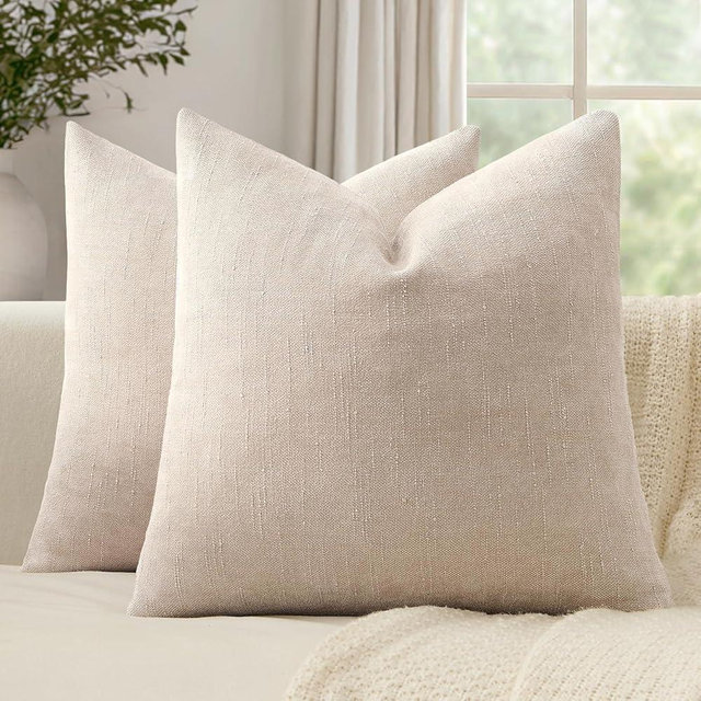 Woaboy Set of 2 Textured Throw Pillow Covers Decorative Soft Accent Square Chenille Pillowcases Neutral Farmhouse Cushions Modern Home Decor for Couch Sofa Bedroom Living Room 18x18 Inch, Beige