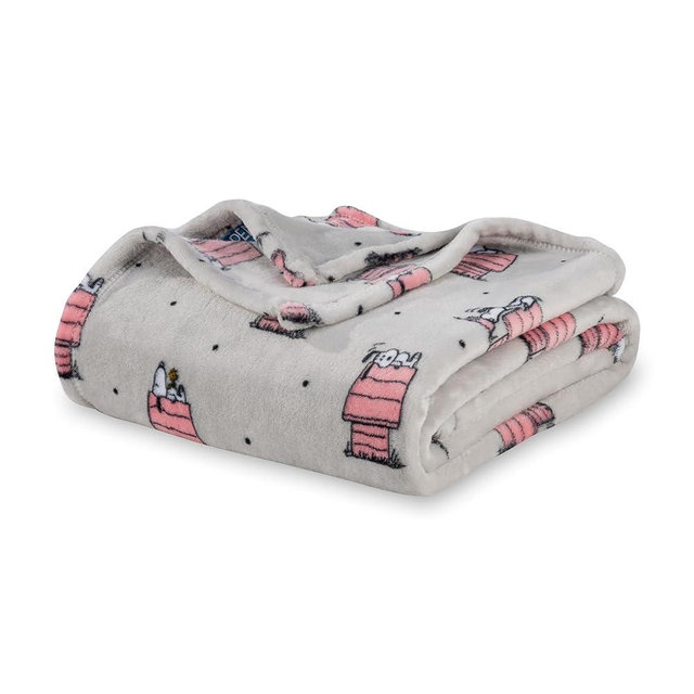 Berkshire Blanket Peanuts® VelvetLoft® Cute Character Snoopy Plush Oversized Kids Throw Blanket, Peanuts Regular Snoopy Dog House Poses & Polka Dots Grey (50in x 60in)