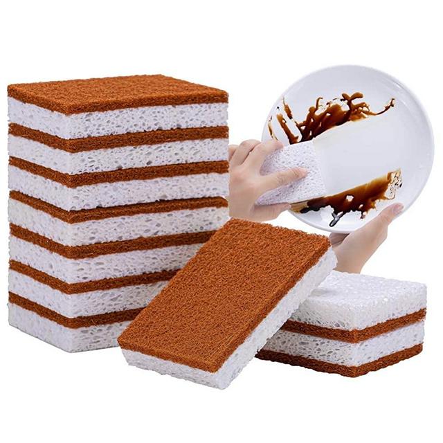 Natural Plant Based Scrub Sponge for Household Compostable Sponges for Bathroom Eco-Friendly Reusable Palm Fiber Scrub Sponge for Kitchen Absorbent Nonstick Cookware Dish Stove Fridge Sink 8 Packs
