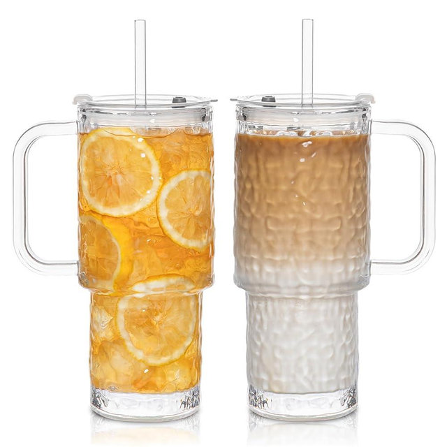 INSETLAN 26oz Water Ripple Glass Tumbler with Handle and Lid, Set of 2 – Reusable Iced Coffee Cups with Lids, Clear Glass Cups with Straw for Coffee, Smoothies, Tea, Juice – Perfect for any Occasion