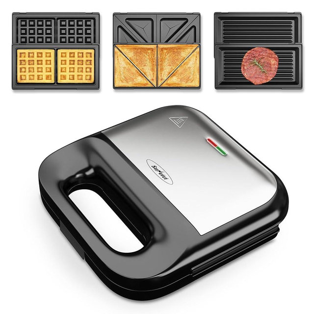 SUNVIVIPRO Waffle Iron, Panini Press Grill and Sandwich Maker Set, 3 in 1 Electric Sandwich Press with Removable Non-Stick Plates, Indicator Lights & Cool Touch Handle 750W