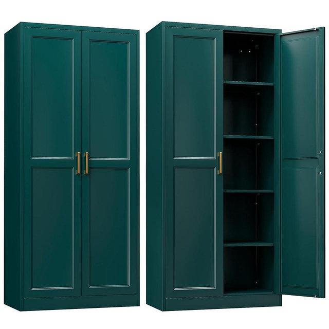 SteeLoong Kitchen Pantry Cabinet,71”Green Metal Pantry Storage Cabinets with Doors and 4 Adjustable Shelves,Kitchen Cabinet with 2 Gold Handles,Tall Cabinet for Livingroom, Bathroom