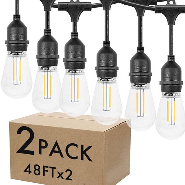 Lightdot LED 2 Pack Outdoor 48FT String Lights, Waterproof Patio Lights with 15 Hanging E26 sockets, Warm White, UL Polar Plug, Hanging in Cafe Bistro Gazebo Garden Backyard Light(32 Bulbs Include)