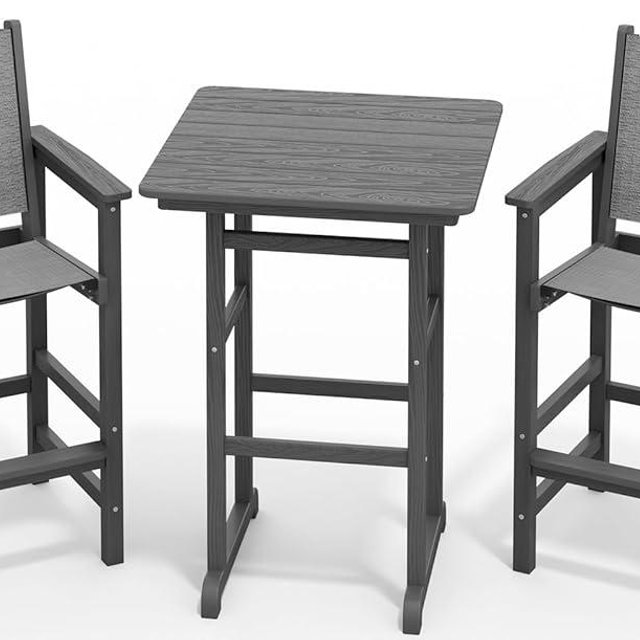 SERWALL 3 Pieces Textilene Adirondack Bar Set, Tall Adirondack Bar Height Chairs with Bar Table, Sling Balcony Adirondack Chairs, Weather Resistance Resin Outdoor Bar Height Stools, Gray