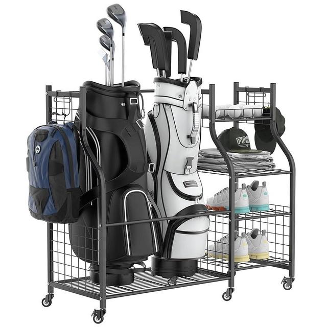 WALMANN Garage Golf Storage Organizer, Extra Large Golf Bags Stand with Golf Accessories Storage Shelves Rolling Golfing Equipment Organizer