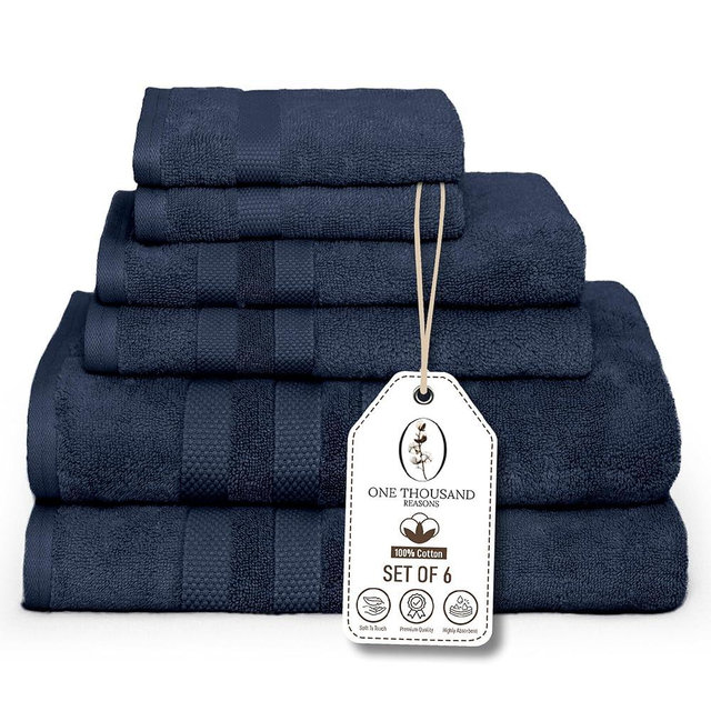 Premium Staple Cotton Bathroom Towel Set - Navy 600 GSM 6-Piece Luxury Bath Towel Set 3 Stripe - 2 Bath Towels, 2 Hand Towels & 2 Washclothes Set - High Absorbent & Quick Dry for Gym, Spa, Hotel