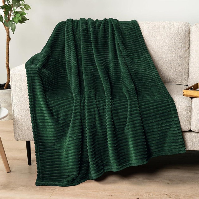 PAVILIA Super Soft Fleece Throw Blanket Emerald Green, Luxury Fuzzy Plush Flannel Throw, Warm Cozy Ribbed Microfiber Blanket for Sofa Couch Bed, Lightweight Striped Blanket, Green, 50x60