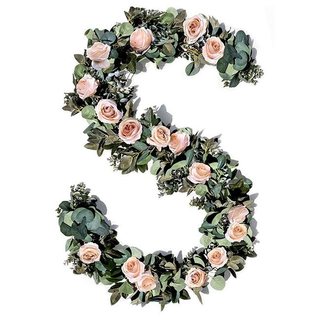 Eucalyptus Garland with Flowers - 17 Champagne Roses - Lush, Natural Looking Eucalyptus and Flower Garland Decor, Floral Garland Greenery for Wedding Table Decor with Abundant Vines, Rose Leaves