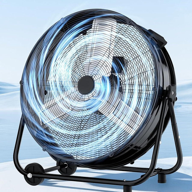 Landeagle 24 Inch High Velocity Industrial Floor Fan with Metal Construction, 8800CFM Heavy Duty Drum Fan for Garage Shop Warehouse, Large Commercial Barrel with 3-Speed, 360°Tilt Castors, Black