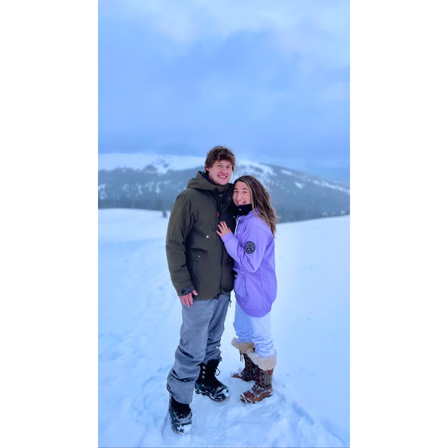 Post engagement... During total shock... Pre snowmobile ride down the mountain during a full-blown white-out!