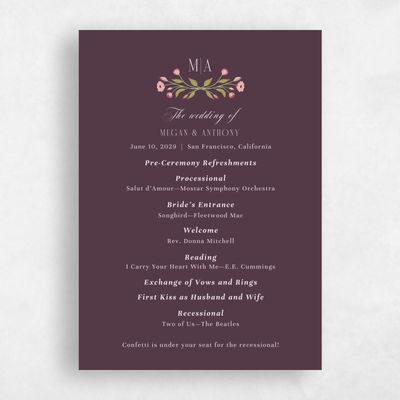Dark Plum, Purple Wedding Program - Feuille