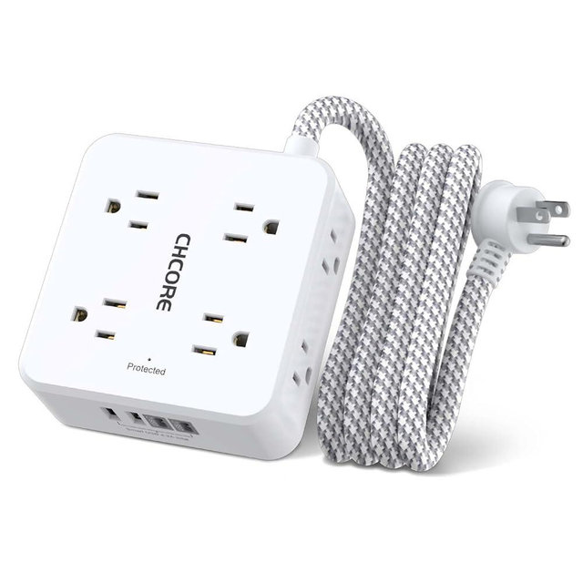 Surge Protector Power Strip - CHCORE 6Ft Braided Extension Cord with 8 Outlets with 4 USB (2 USB C) Charging Ports, Flat Plug Multi Plug Outlet Extender Charging Station for Home Office, ETL, White