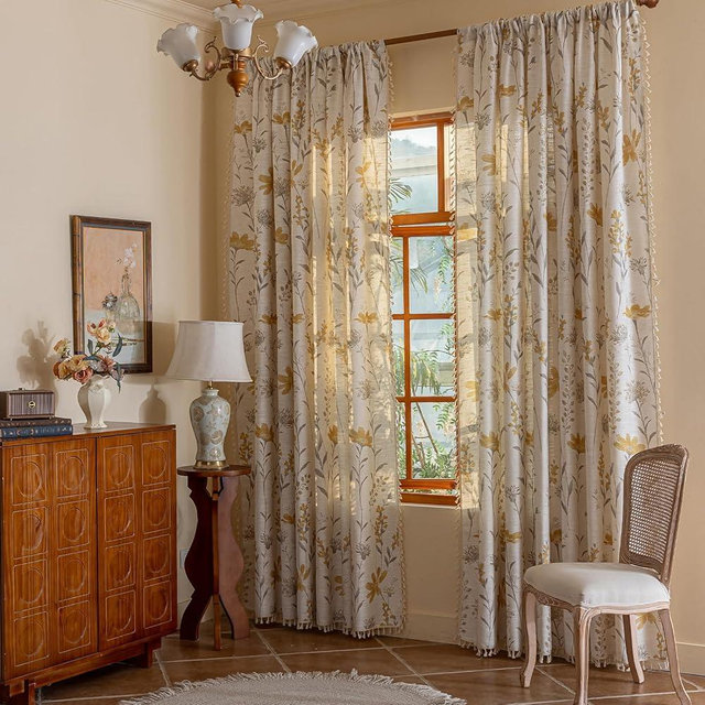 ENJOYBRIDAL Yellow Floral Curtains 84 Inch Length 2 Panels Set Living Room Floor Length Drapes Bedroom Boho Farmhouse Semi Sheer Window Curtain Panels Rod Pocket Tassel Dining Room Window Treatments