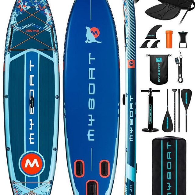 MYBOAT 11'6"×34"×6" Extra Wide Inflatable Paddle Board, Stand Up Paddle Board for Fishing, Sup Board with 3 Removable Fins, Dual Bungees, Camera Mount, Hand Pump, Strong Paddle, 5L Dry Bag, Leash