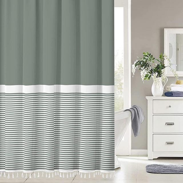 Seasonwood Green Shower Curtain with White Tassels Modern Farmhouse White Striped Sage Green Shower Curtains for Bathroom 72 x 72 inch Waterproof Fabric Shower Curtain Set