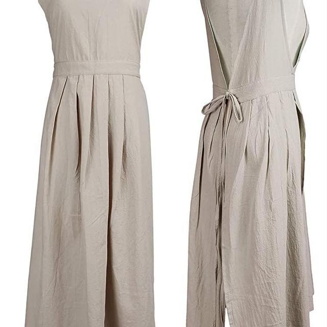 Women Girls Vintage Pleated Split Apron V Neck Gardening Works Cotton Overall Smock Pinafore Dress
