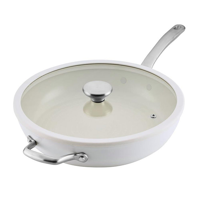 Circulon Halo with LaserDefense Ceramic Nonstick Frying Pan with Helper Handle and Lid, Made without PFAS, Compatible with All Stovetops, Dishwasher and Oven Safe, 12 Inch Skillet - Pearl White